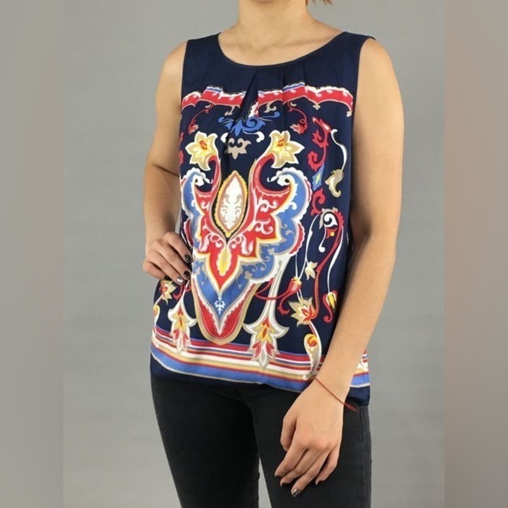 Talbots Size 14P Pure Silk Gold Hanky Style Sleeveless Bold Floral Blouse Top